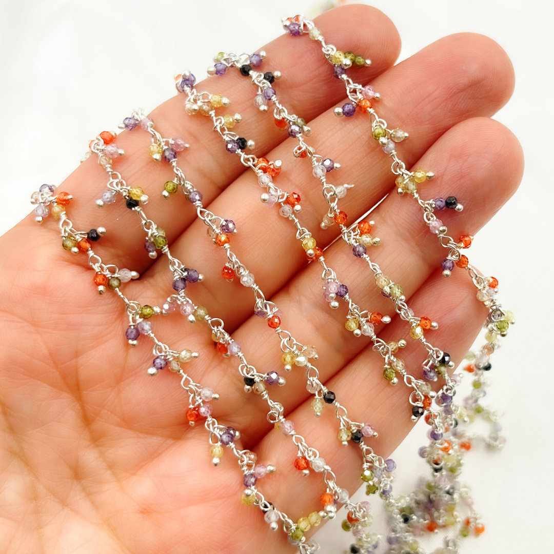 Multi Color C.Z. Cluster Dangle 925 Sterling Silver Wire Chain.