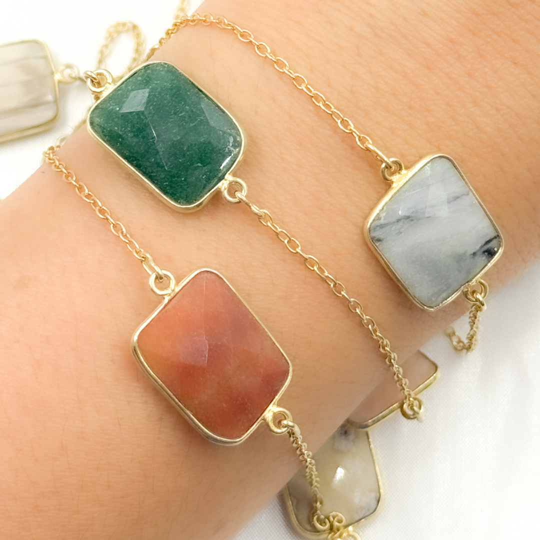 Multi Agate Rectangular Shape Bezel Gold Plated Connected Wire Chain