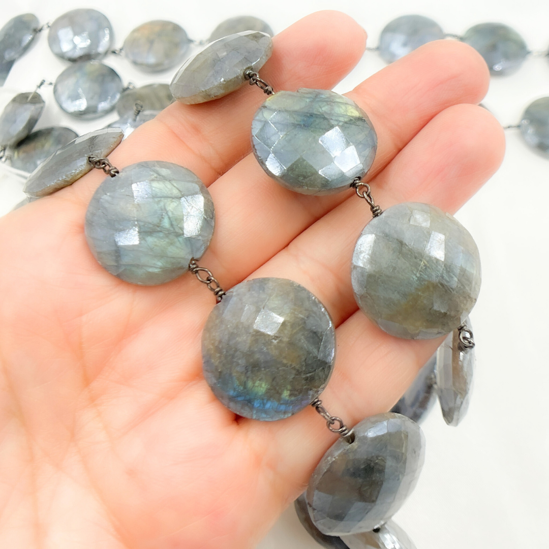 Coated Labradorite Coin Shape Oxidized Wire Chain. CLB46