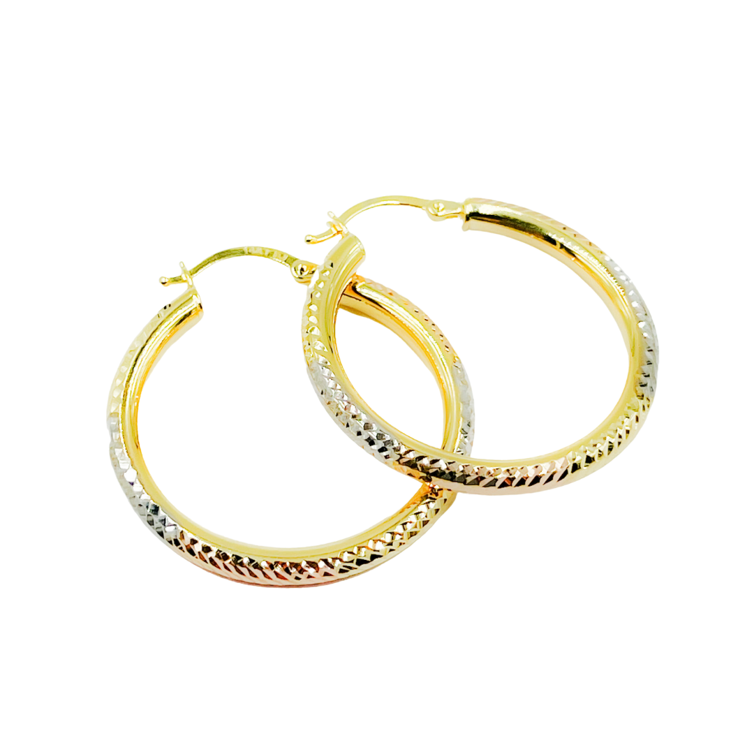 14K Solid Tri-Tone Gold Earrings Circle Shape Hoop.