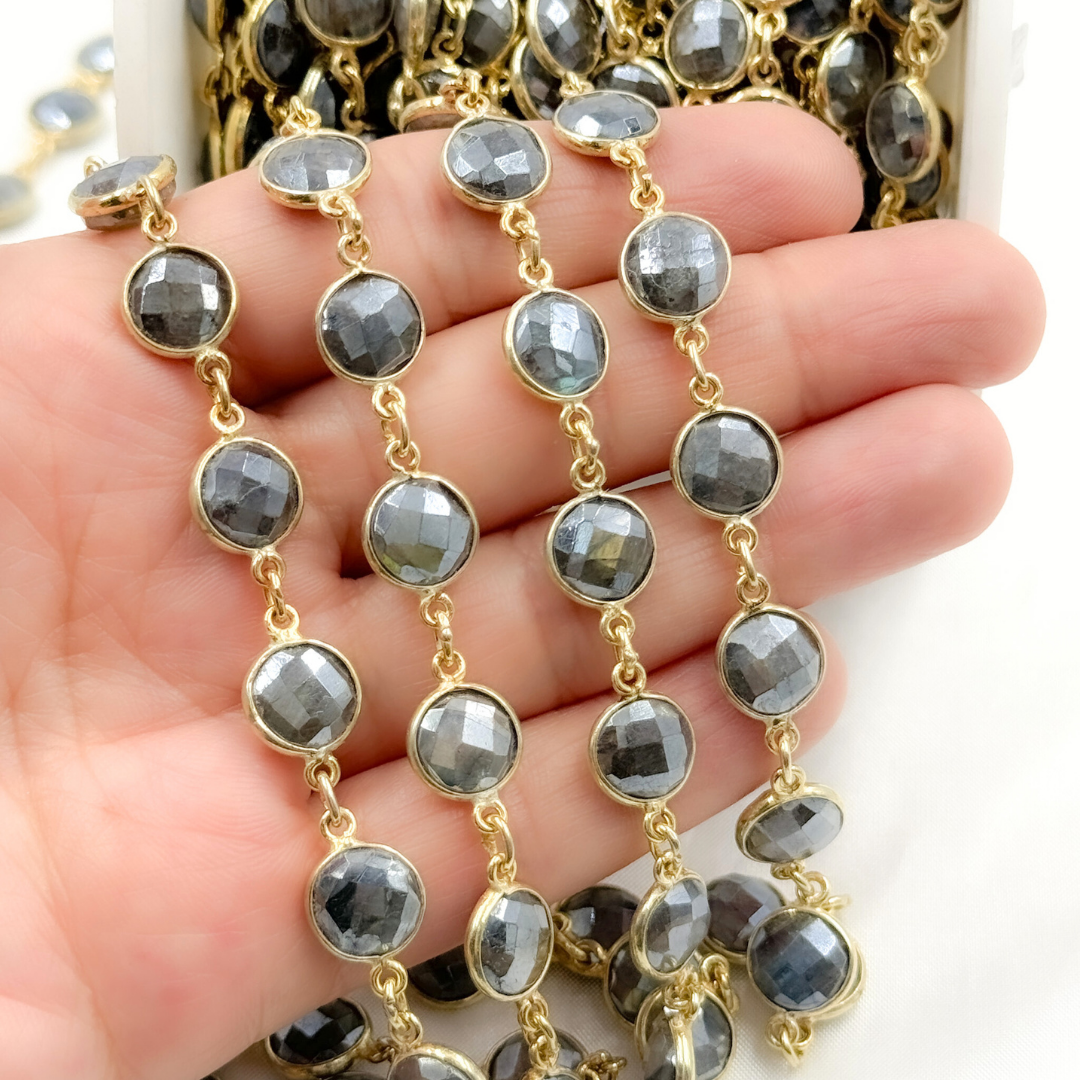Coated Labradorite Round Shape Bezel Gold Plated Wire Chain