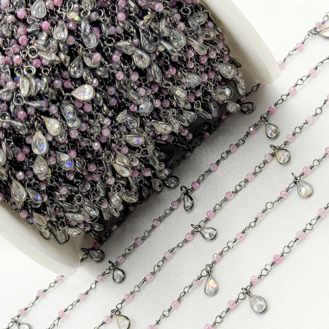 Coated Red Quartz & CZ Dangle Oxidized Wire Chain.
