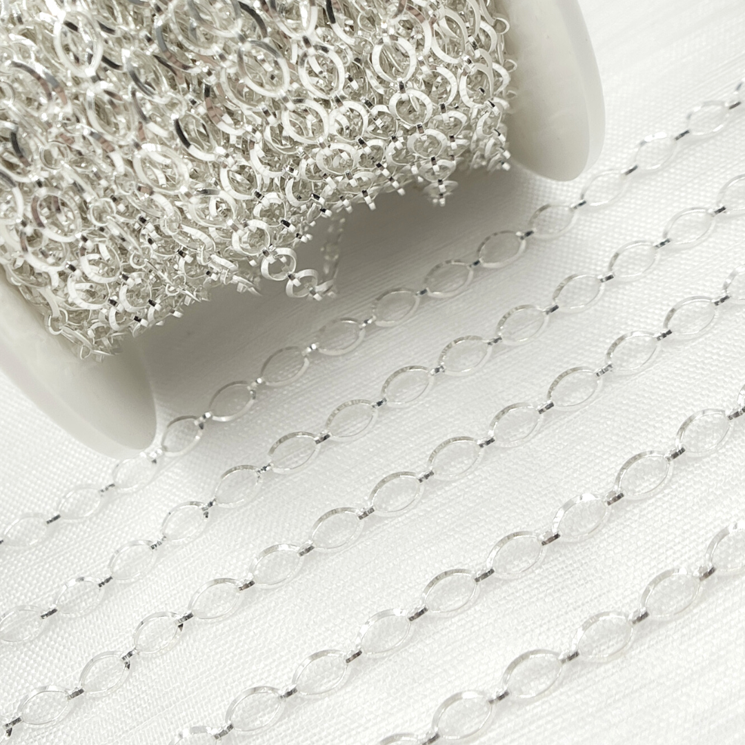 V177SS. Sterling Silver Diamond Cut Oval & Flat Round Link Chain