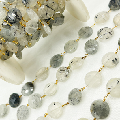 Black Rutile Coin Shape Gold Plated Wire Chain.