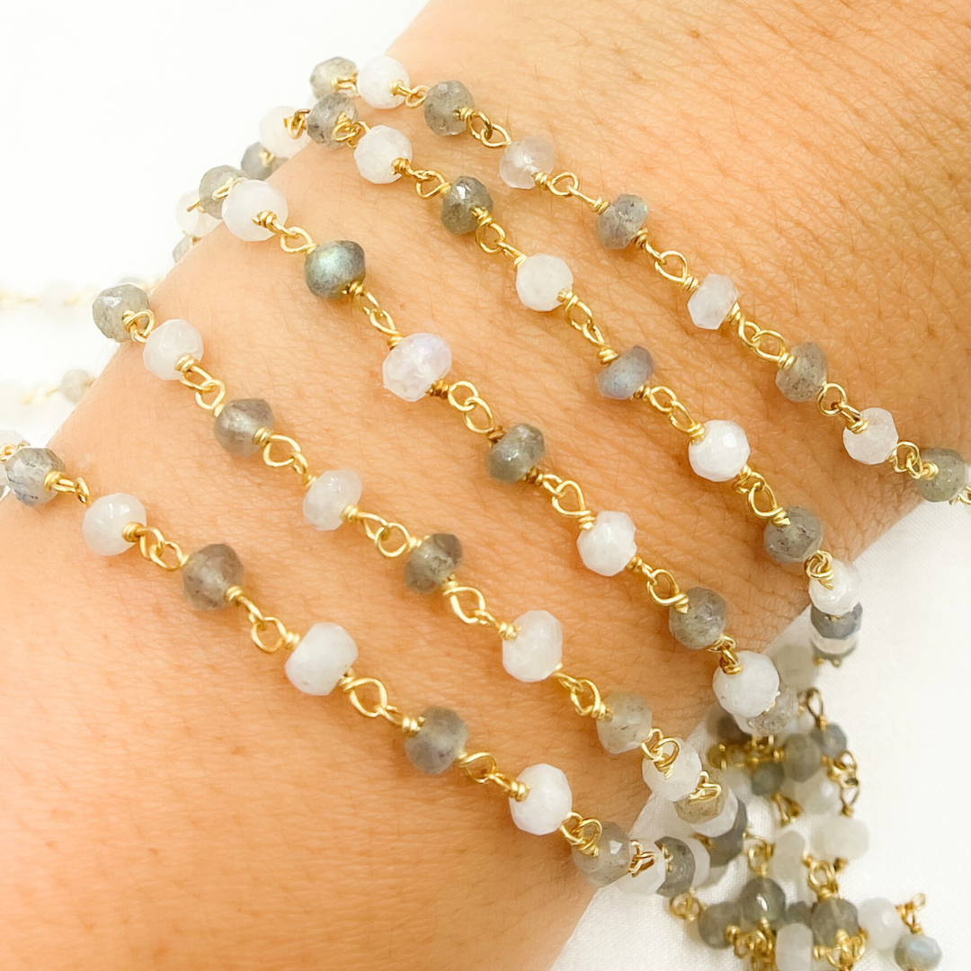 Labradorite & Moonstone Gold Plated 925 Sterling Silver Wire Chain.