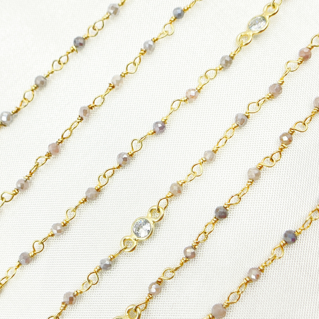 Coated Multi Moonstone & CZ Gold Plated Wire Chain