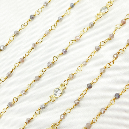 Coated Multi Moonstone & CZ Gold Plated Wire Chain