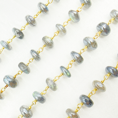 Coated Labradorite Rondel Smooth Gold Plated Wire Chain. CLB43
