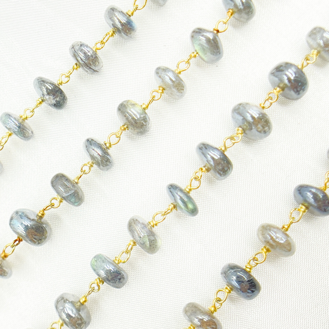 Coated Labradorite Rondel Smooth Gold Plated Wire Chain. CLB43