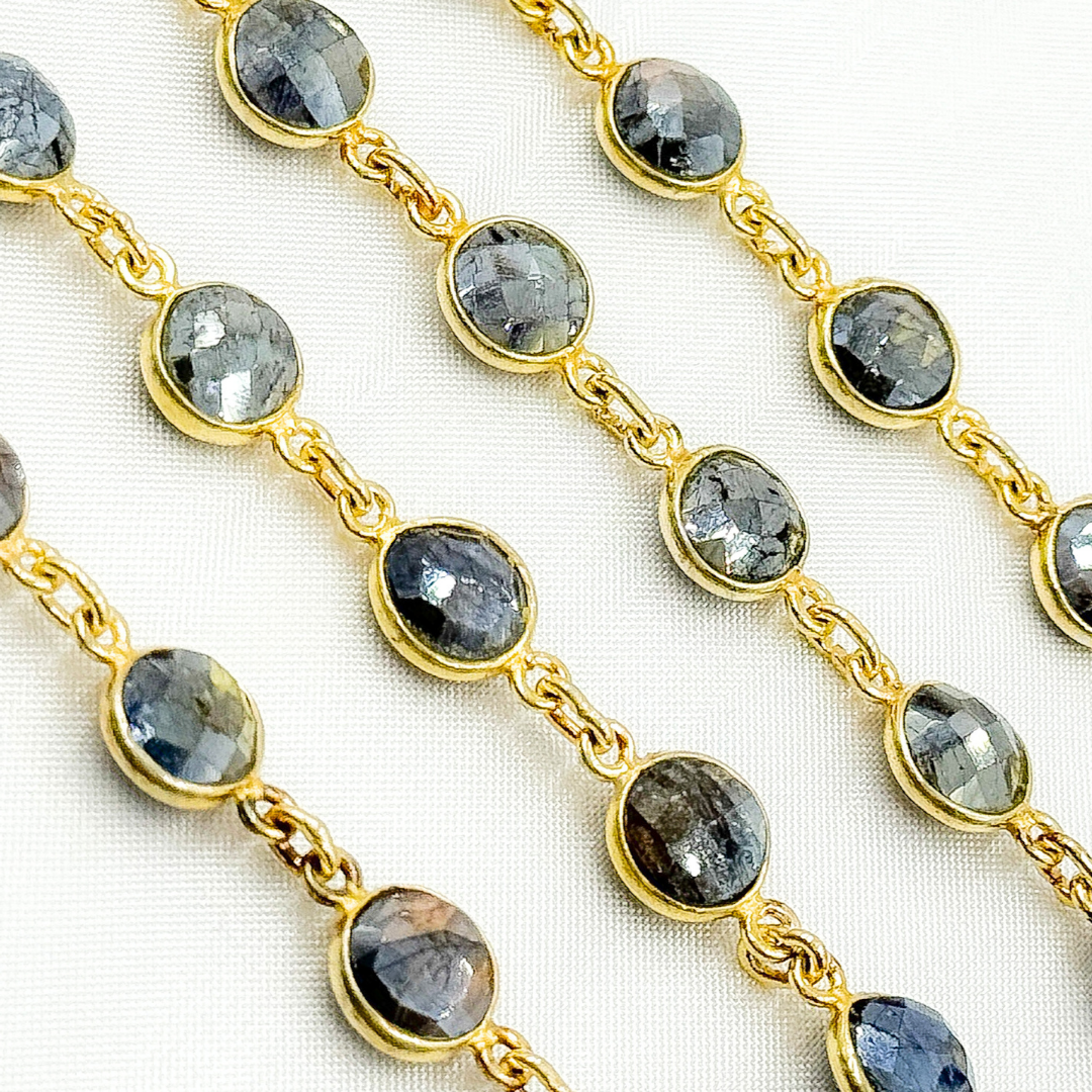 Coated Labradorite Round Shape Bezel Gold Plated Wire Chain