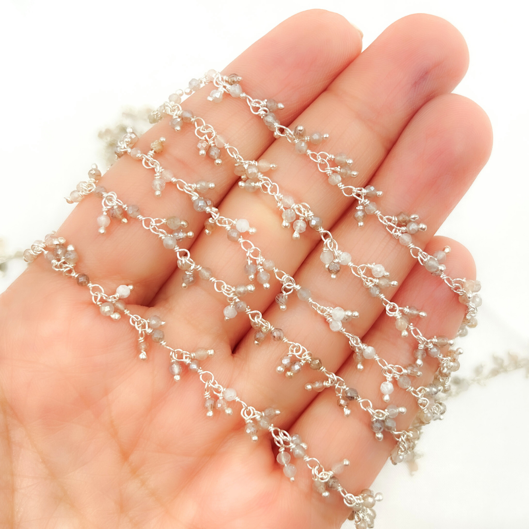 Coated Multi Moonstone Cluster Dangle 925 Sterling Silver Wire Chain.