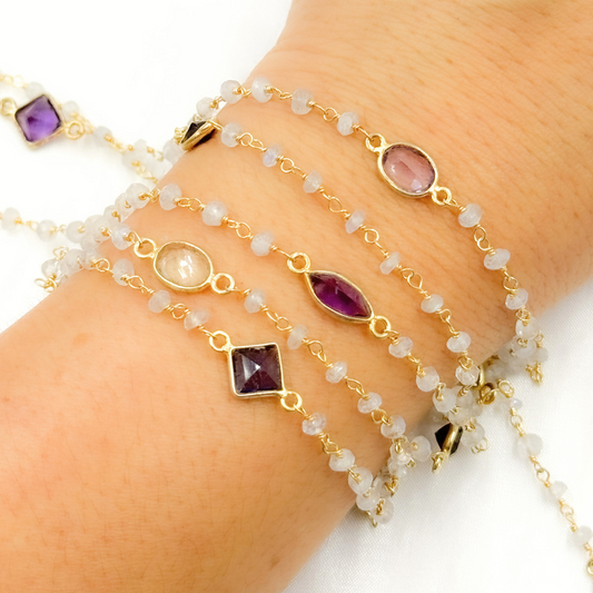 White Moonstone & Multi Stone Gold Plated Wire Chain