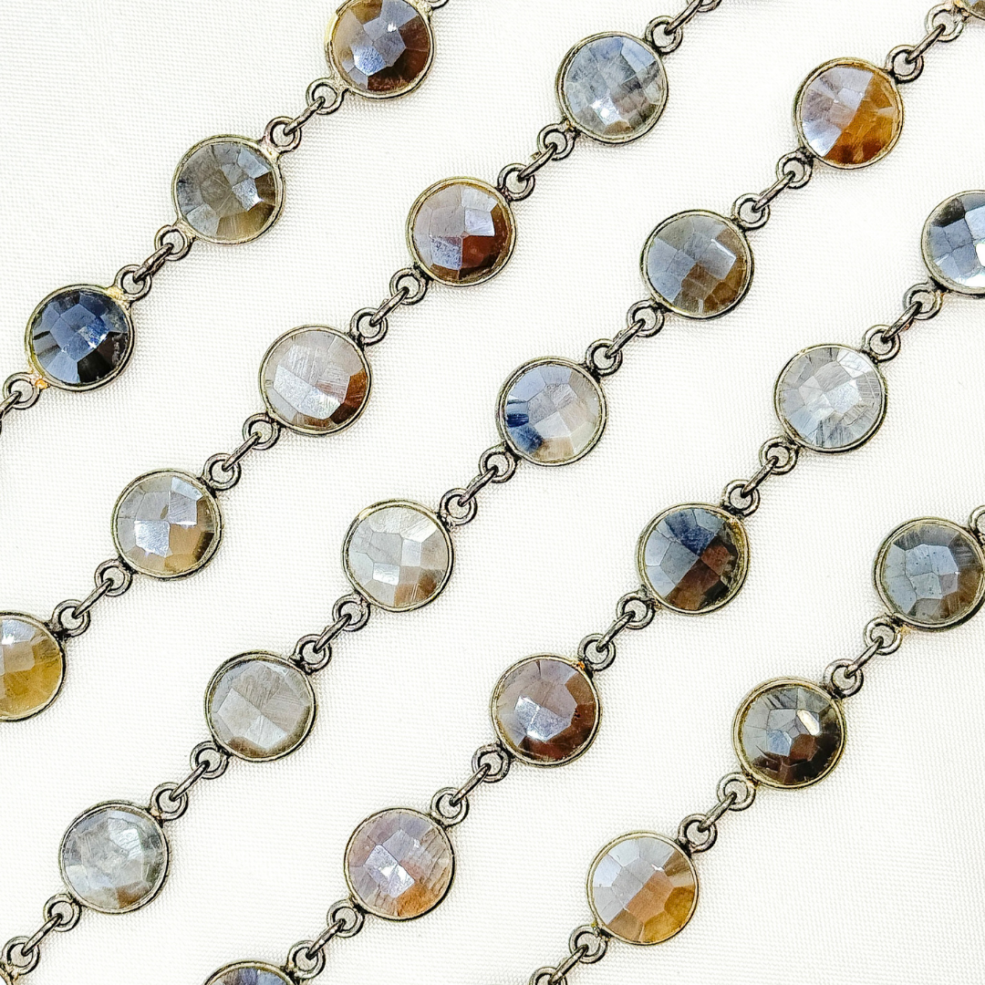 Coated Grey Moonstone Round Shape Bezel Oxidized Wire Chain.