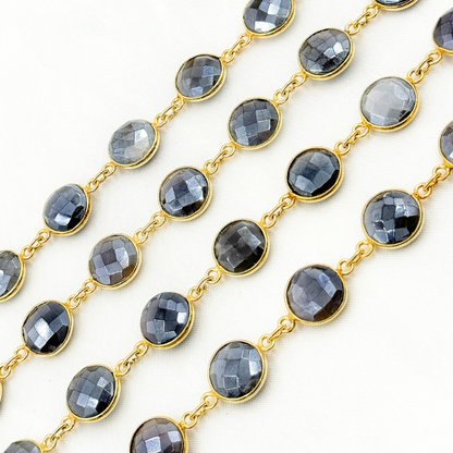 Coated Grey Moonstone Round Shape Bezel Gold Plated Wire Chain.