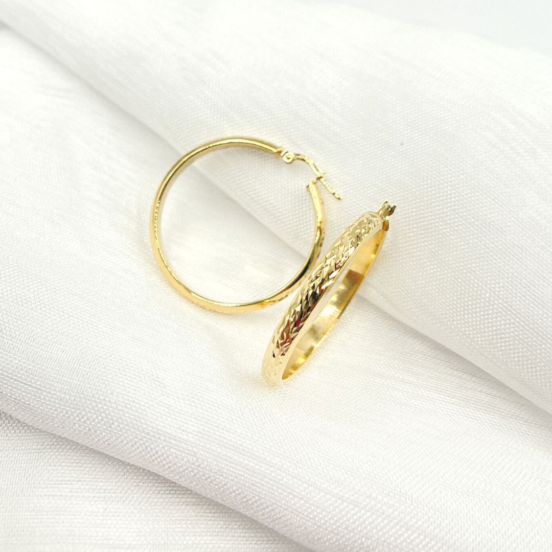 14K Solid Gold Hollow Diamond Cut Hoop