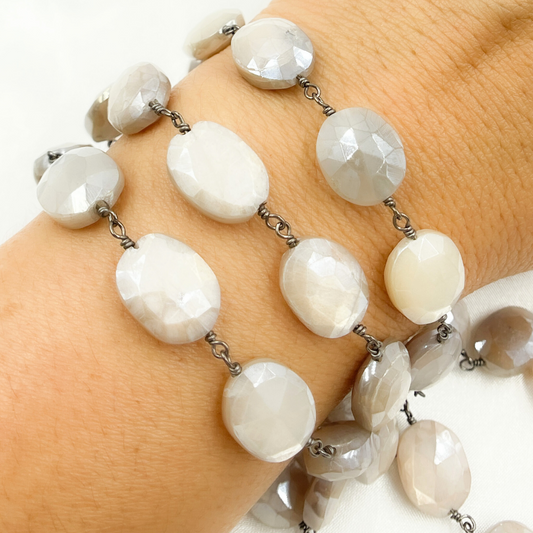 Created White Opal Oval Shape Oxidized Wire Chain
