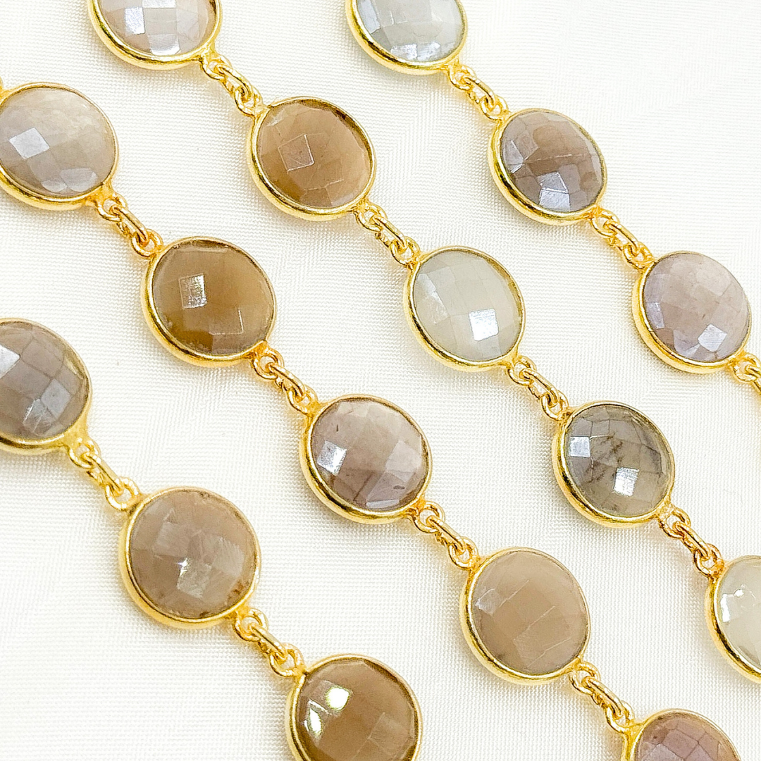 Coated Light Grey Round Shape Bezel Gold Plated Wire Chain. CMS115