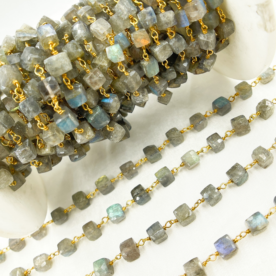 Labradorite Cube Shape Gold Plated Wire Chain