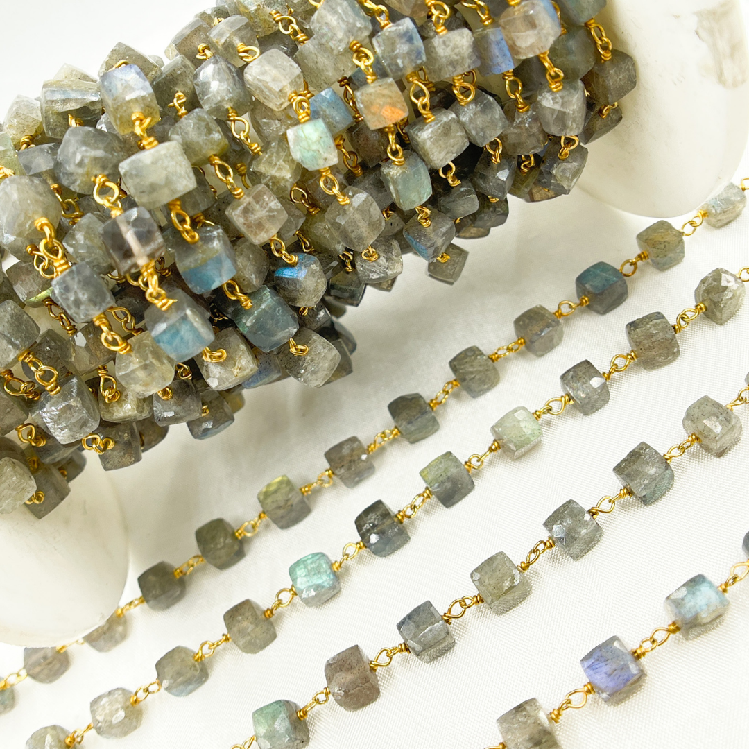 Labradorite Cube Shape Gold Plated Wire Chain. LAB76