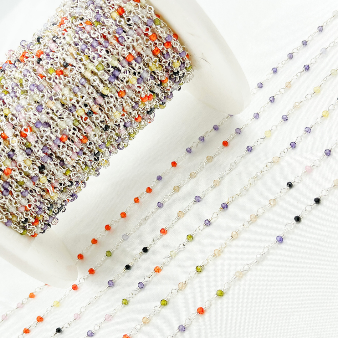 Multi Color Cubic Zirconia 925 Sterling Silver Wire Wrap Chain.