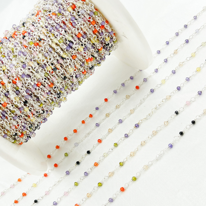 Multi Color Cubic Zirconia 925 Sterling Silver Wire Wrap Chain.