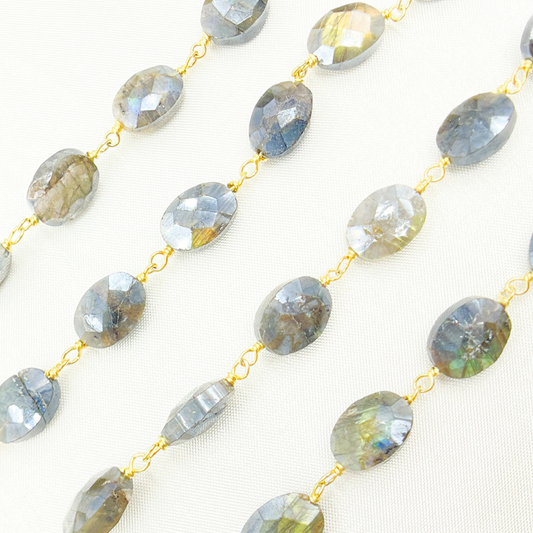 Coated Labradorite Faceted Rondel Gold Plated Wire Chain. CLB38