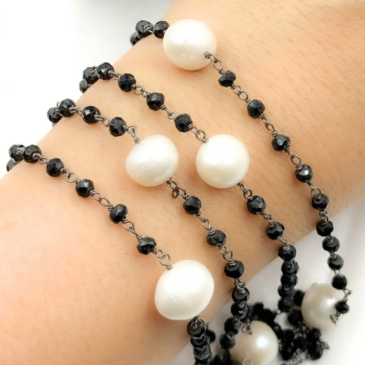 Black Spinel & Pearl Oxidized 925 Sterling Silver Wire Chain