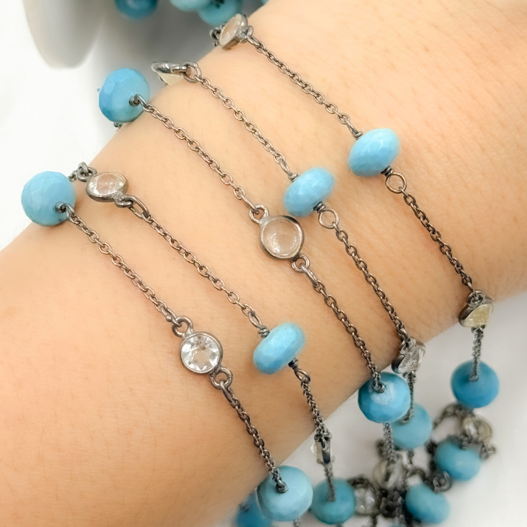Turquoise & White Topaz Oxidized Connected Wire Chain