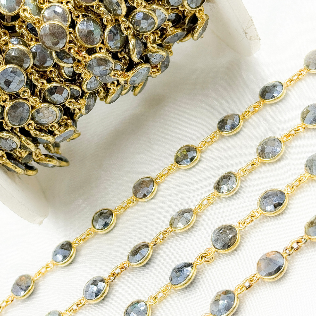 Coated Labradorite Round Shape Bezel Gold Plated Wire Chain