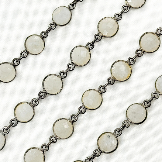 White Moonstone Round Shape Bezel Oxidized Wire Chain