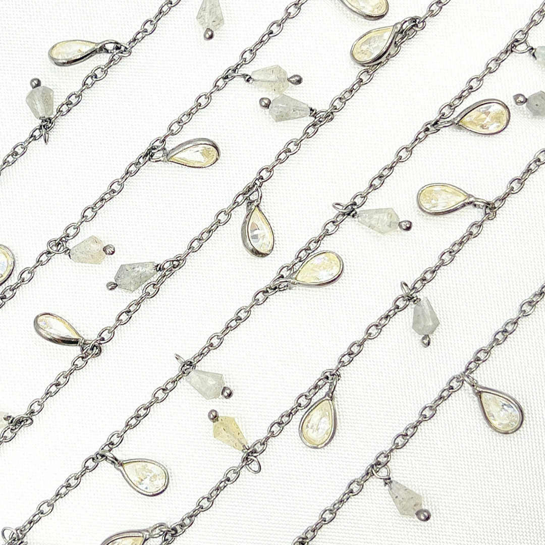 Labradorite Drop & CZ Pear Shape Dangle Oxidized Wire Chain.
