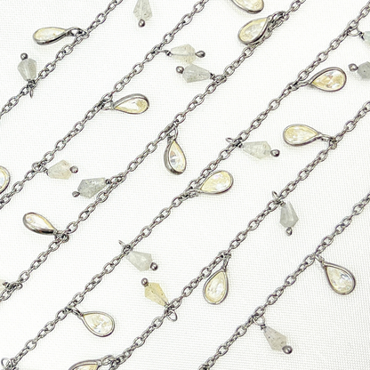 Labradorite Drop & CZ Pear Shape Dangle Oxidized Wire Chain.