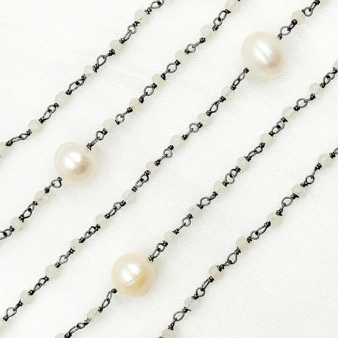 Moonstone & Pearl Oxidized 925 Sterling Silver Wire Chain. MS68