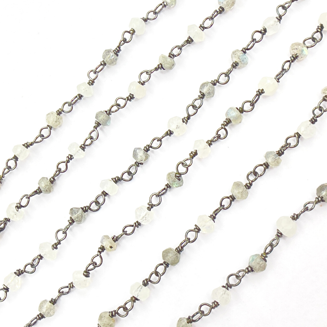 Labradorite + White Moon Stone Black Rhodium 925 Sterling Silver Wire Chain