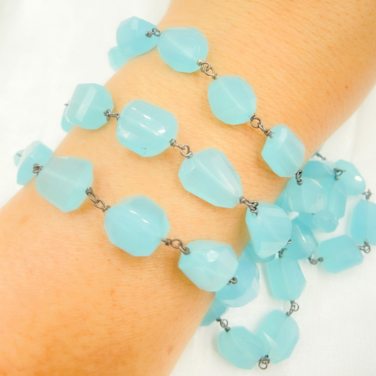 Blue Chalcedony Organic Shape Oxidized Wire Chain