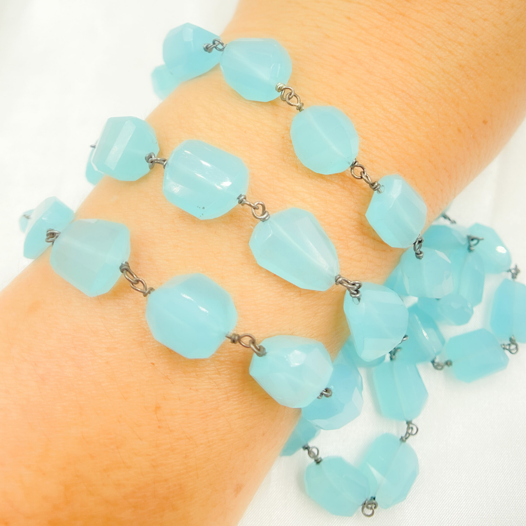 Blue Chalcedony Organic Shape Oxidized Wire Chain. BCL5