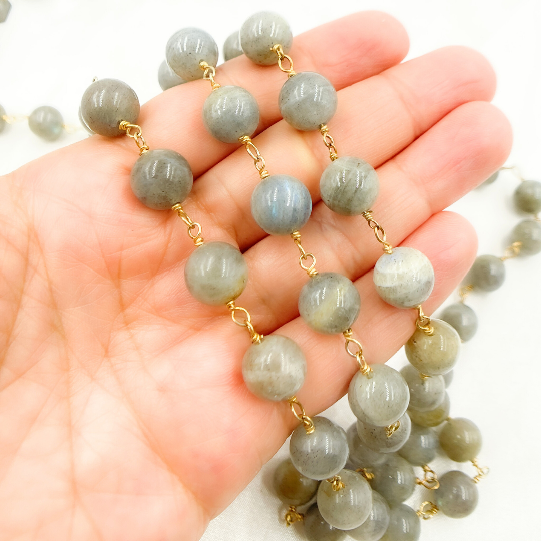 Labradorite Smooth Round Shape Gold Plated Wire Chain
