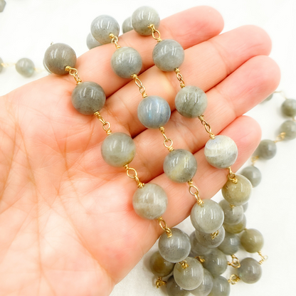 Labradorite Smooth Round Shape Gold Plated Wire Chain