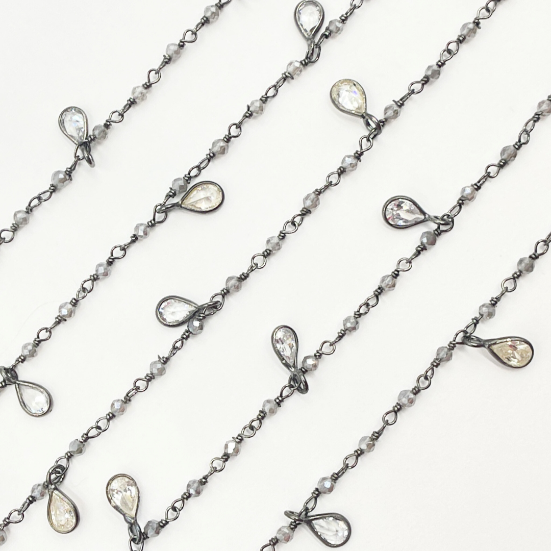 Coated Labradorite & CZ Dangle Oxidized Wire Chain