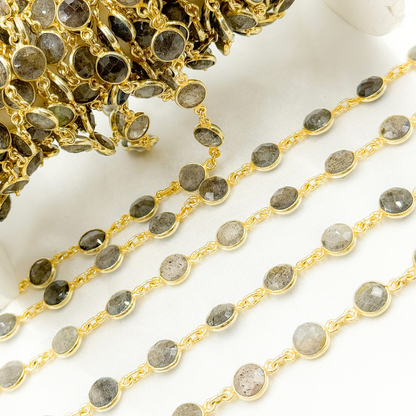 Labradorite Round Shape Bezel Gold Plated Wire Chain.