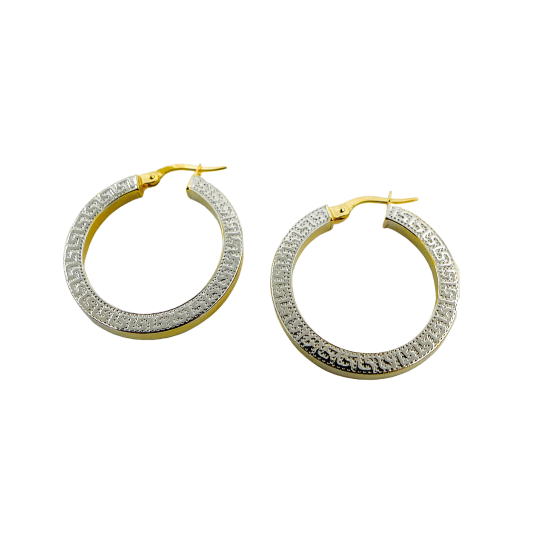 14K Solid Gold and White Gold Earrings Round Shape Hoop with Texture. 