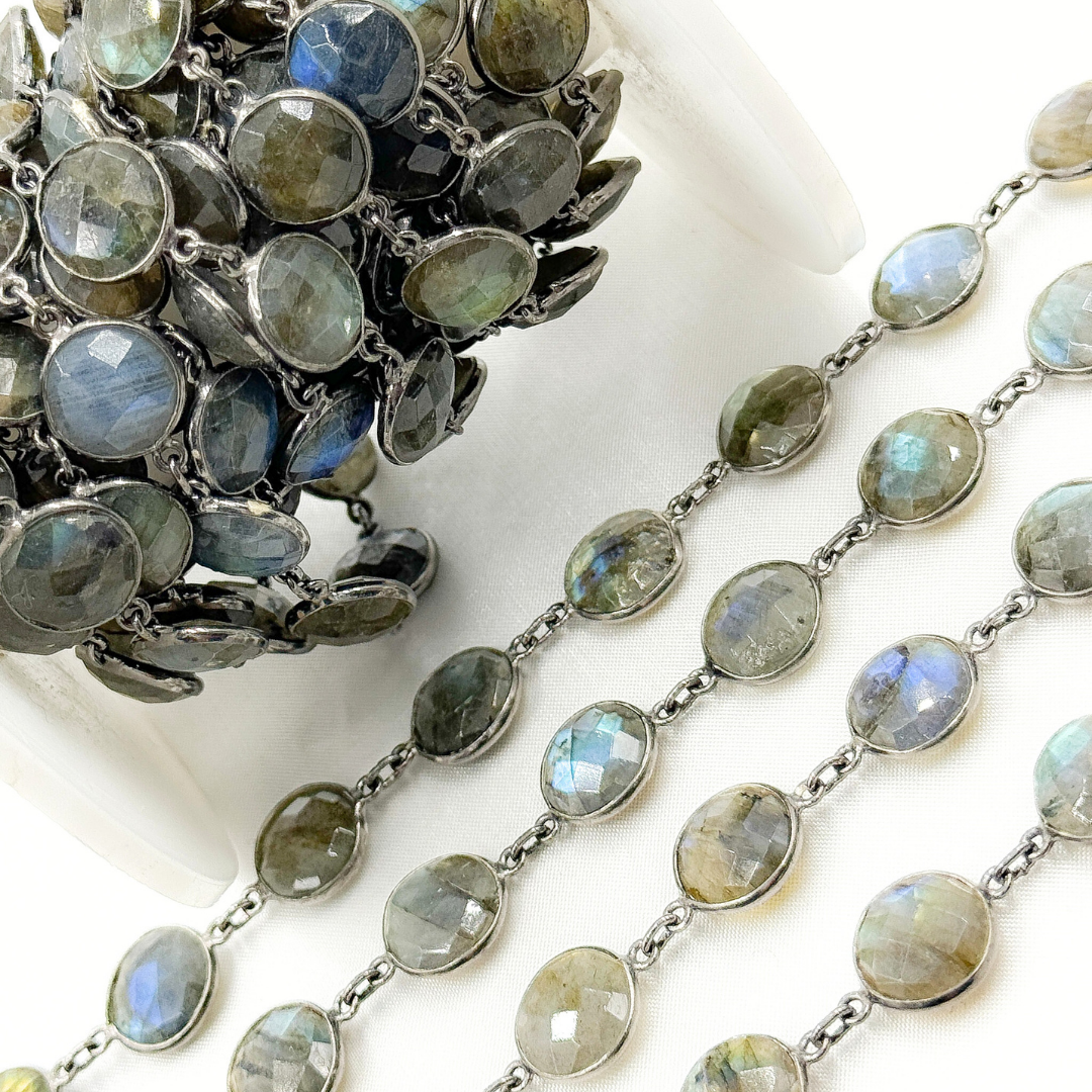 Labradorite Round Shape Bezel Oxidized Wire Chain. LAB115