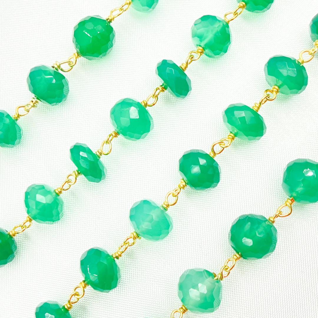 Green Onyx Rondel Faceted Gold Plated Wire Chain. GRE3