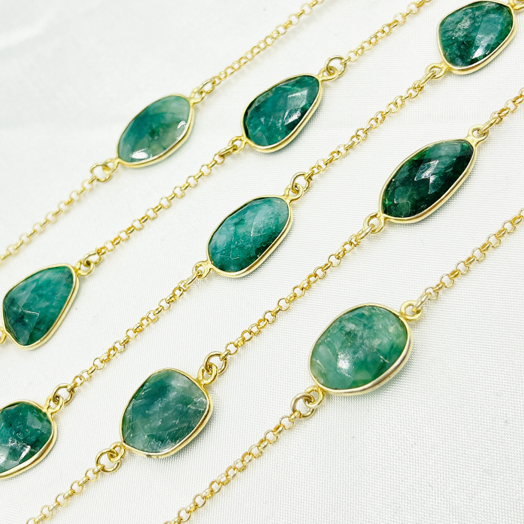 Dyed Emerald Organic Shape Bezel Gold Plated Connected Wire Chain.