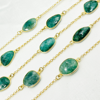 Dyed Emerald Organic Shape Bezel Gold Plated Connected Wire Chain.