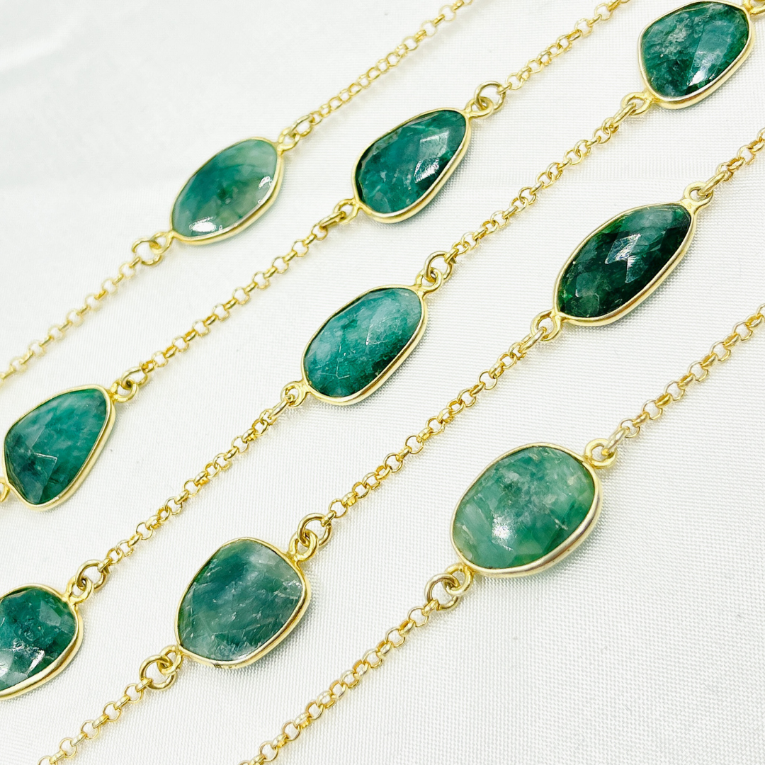 Dyed Emerald Organic Shape Bezel Gold Plated Connected Wire Chain. DYE3