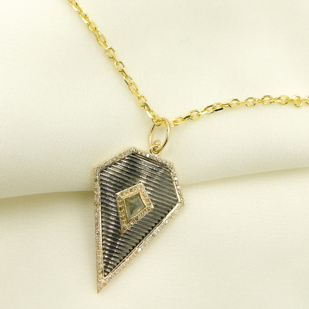 925 Sterling Silver Black Rhodium with Diamonds Shield Shape Charm. 