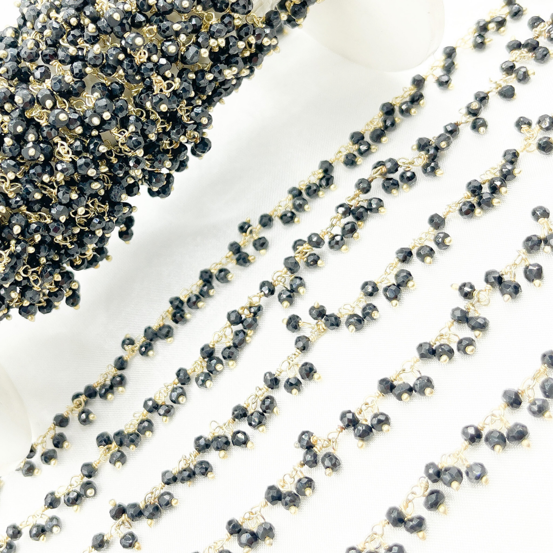 Black Spinel Cluster Dangle 3.5mm Gold Plated Wire Chain.