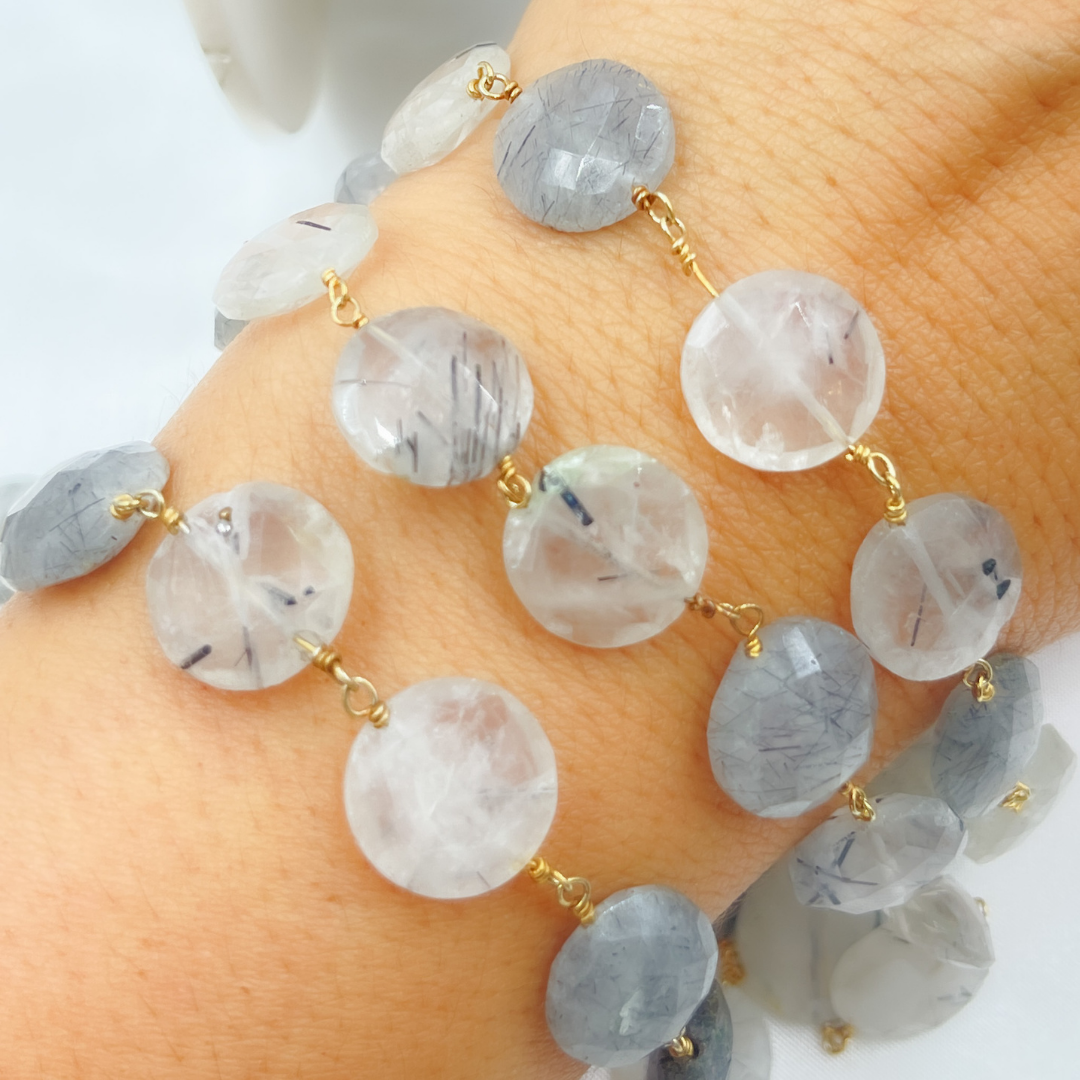 Black Rutile Coin Shape Gold Plated Wire Chain.