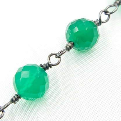 Green Onyx Rondel Faceted Shape Oxidized Wire Chain